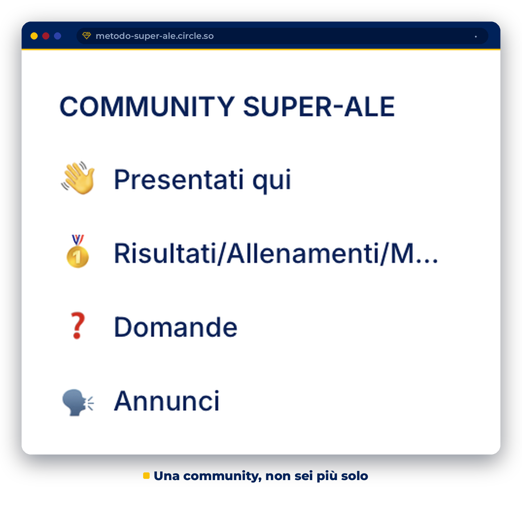 Gli spazi della community SUPER-ALE: Presentati, Risultati e allenamenti, Domande, Annunci