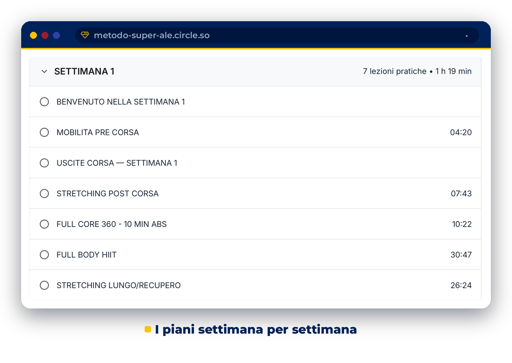 La Settimana 1 di SUPER-ALE: 7 lezioni pratiche con durate, dalla mobilità al full body